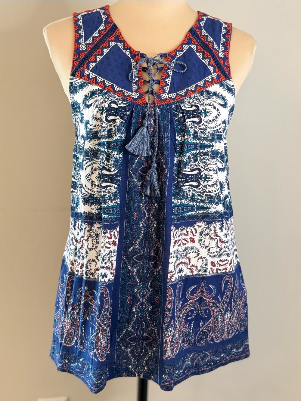Lucky Brand sleeveless top blue red paisley southwestern tassel SM
